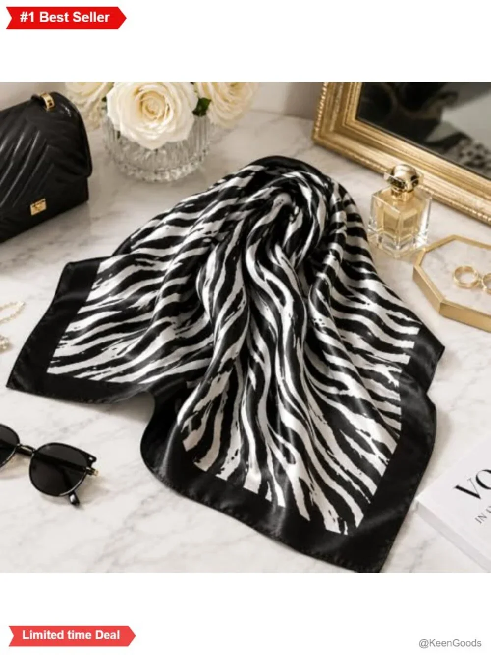 Women's Satin Zebra Print Square Scarf 35in Bandana Neck Wrap Hair Accessory